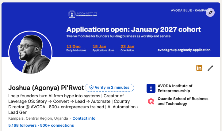 Joshua Pi'Rwot's LinkedIn profile, 5,168 followers