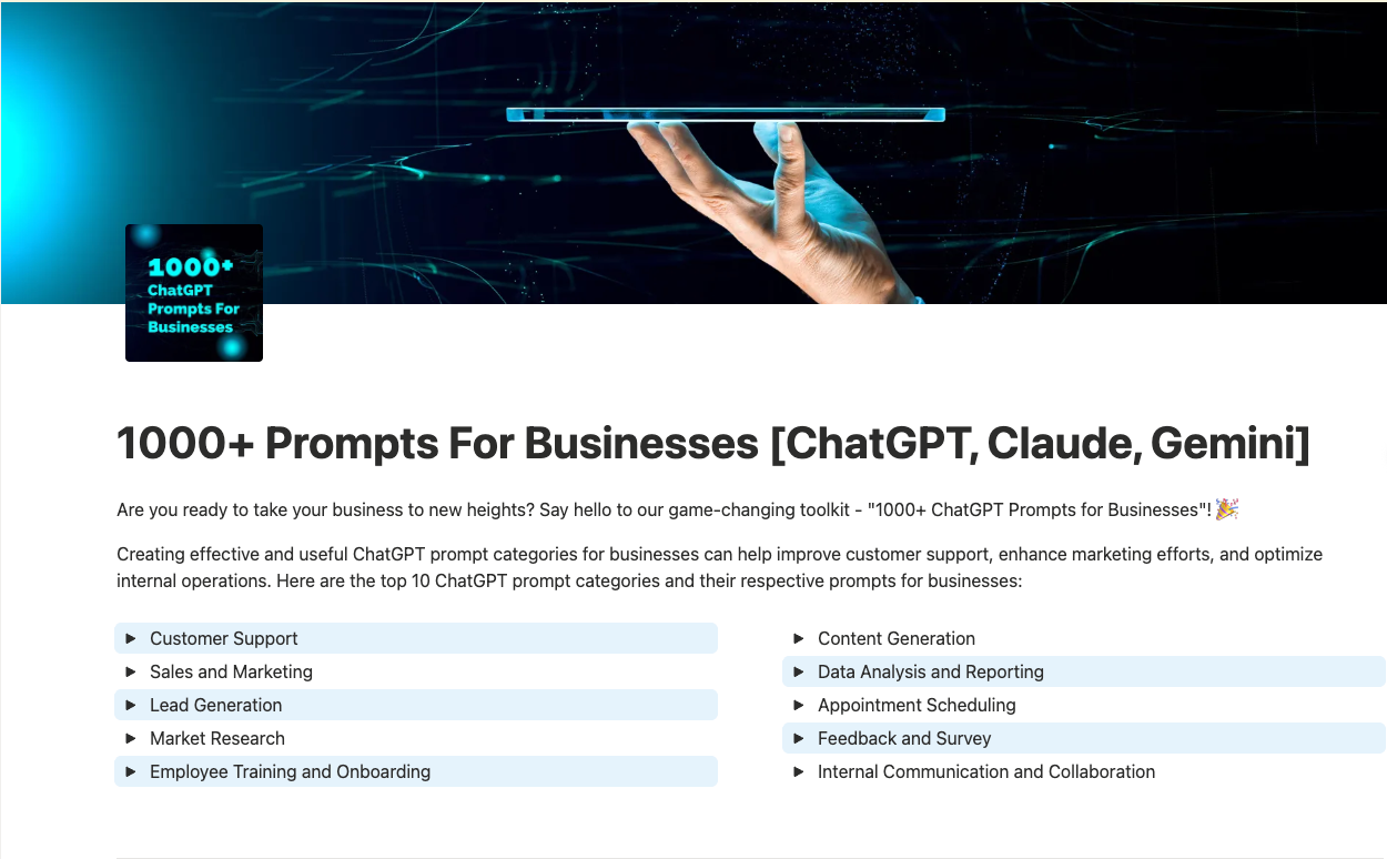 1000+ Prompts for Businesses library, ten categories